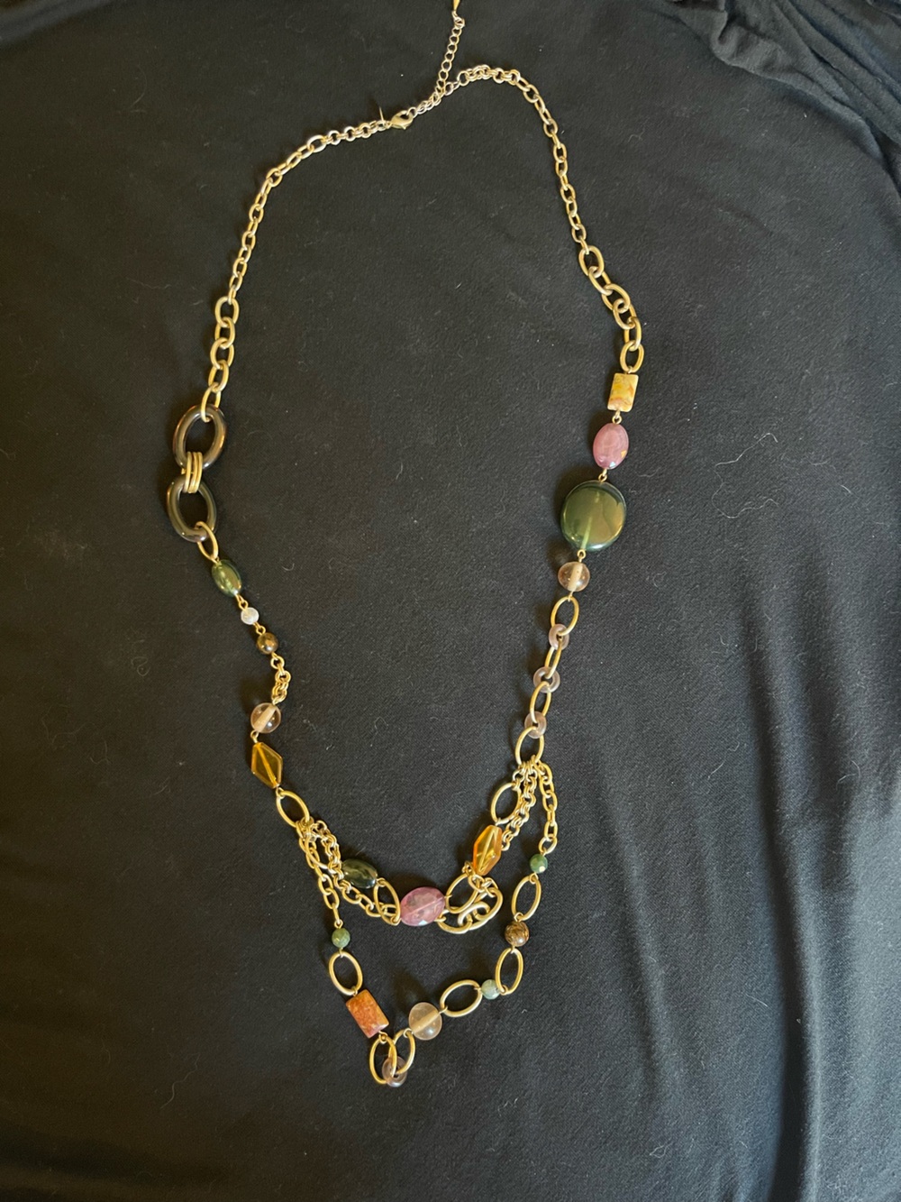 Lia Sophia Gold Chain Necklace with Green, Pink and Amber Beads